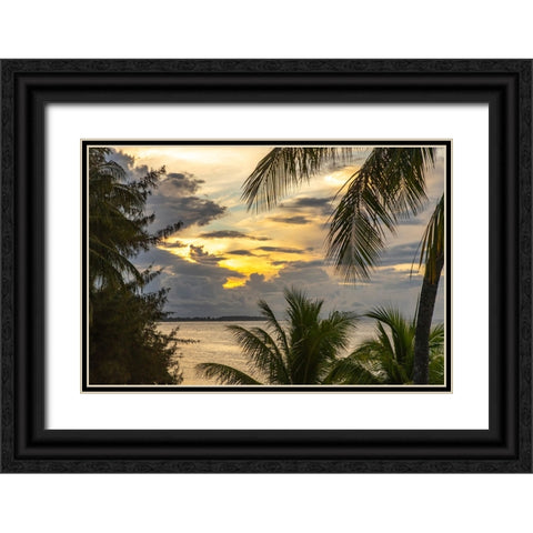 French Polynesia- Moorea. Sunset on island and ocean. Black Ornate Wood Framed Art Print with Double Matting by Jaynes Gallery
