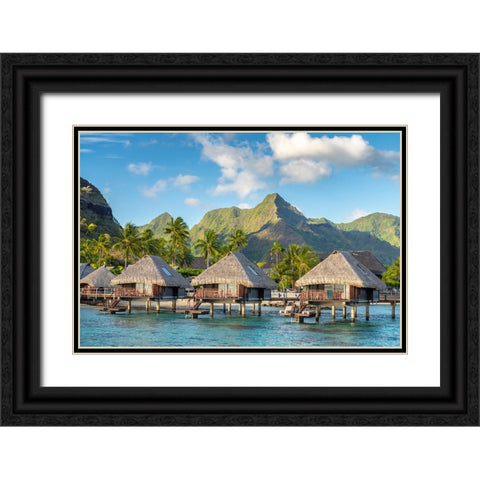 French Polynesia- Moorea. Overwater bungalows. Black Ornate Wood Framed Art Print with Double Matting by Jaynes Gallery