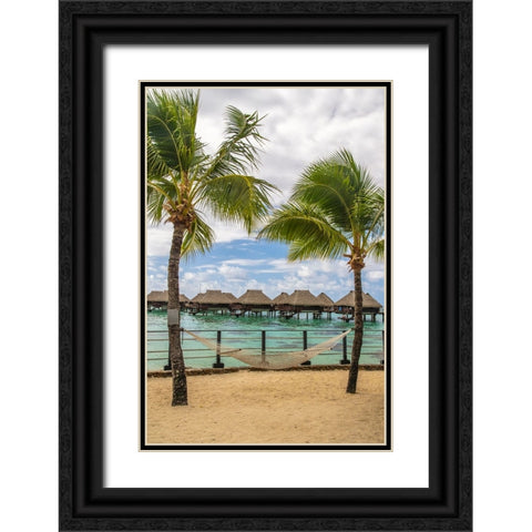 French Polynesia- Moorea. Overwater bungalows and hammock. Black Ornate Wood Framed Art Print with Double Matting by Jaynes Gallery