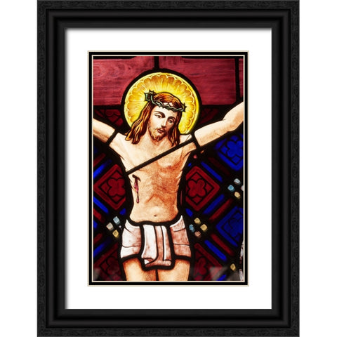 Argentina- Buenos Aires. Stained glass window depicting Jesus crucifixion. Black Ornate Wood Framed Art Print with Double Matting by Haseltine, Tom