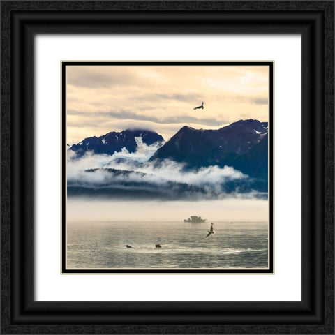 Fishing boat in Kenai Peninsula surrounded by mountains and wildlife Black Ornate Wood Framed Art Print with Double Matting by Muir, Janet