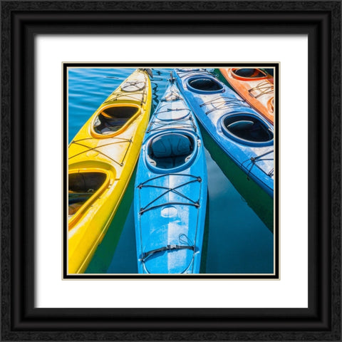 Four colorful kayaks positioned in an array. Black Ornate Wood Framed Art Print with Double Matting by Muir, Janet