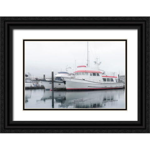 Alaska- Valdez. Two fishing boat in a foggy marina. Black Ornate Wood Framed Art Print with Double Matting by Muir, Janet