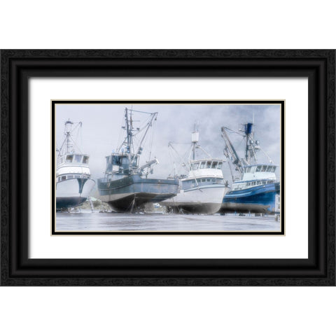 Alaska- Valdez. Fishing boats on dry dock. Artistic rendering. Black Ornate Wood Framed Art Print with Double Matting by Muir, Janet