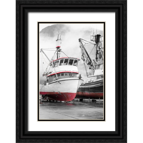 Alaska- Valdez. Fishing boats on dry dock. Artistic rendering. Black Ornate Wood Framed Art Print with Double Matting by Muir, Janet