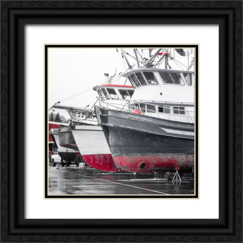 Alaska- Valdez. Fishing boats on dry dock. Artistic rendering. Black Ornate Wood Framed Art Print with Double Matting by Muir, Janet
