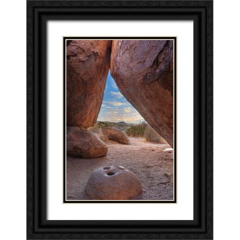 Ancient Native American mortar grinding stone in rock shelter at Council Rocks in the Dragoon Mount Black Ornate Wood Framed Art Print with Double Matting by Haney, Chuck