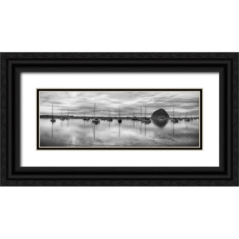 USA-California-Morro Bay Panoramic view of harbor and Morro Rock at dusk Black Ornate Wood Framed Art Print with Double Matting by Collins, Ann