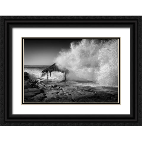 USA-California-La Jolla High surf at high tide inundates Windansea Surf Shack Black Ornate Wood Framed Art Print with Double Matting by Collins, Ann
