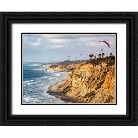 USA-California-La Jolla Paragliders soar over Blacks Beach Black Ornate Wood Framed Art Print with Double Matting by Collins, Ann