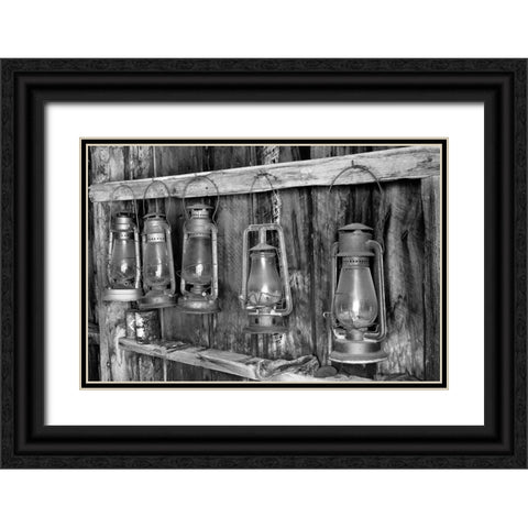 Antique lanterns-Bodie State Historic Park viewed through window-California Black Ornate Wood Framed Art Print with Double Matting by Jones, Adam