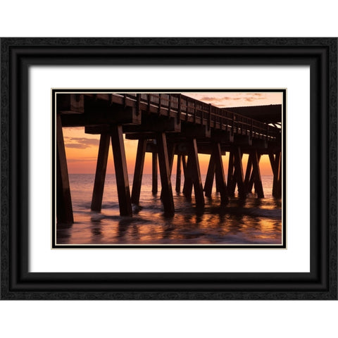 USA- Georgia. Silhouette of a pier in the sunrise- near Savannah. Black Ornate Wood Framed Art Print with Double Matting by Wells, Joanne