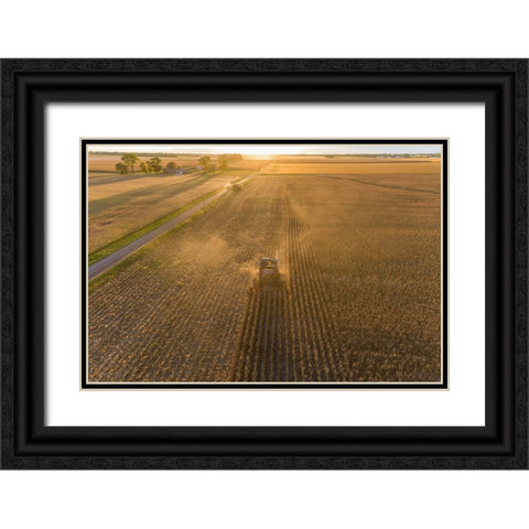 Aerial view of combine harvesting corn field at sunset-Marion County-Illinois Black Ornate Wood Framed Art Print with Double Matting by Day, Richard and Susan