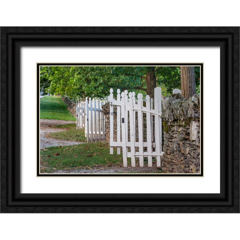 Gate and white wooden fence and rock wall-Shaker Village of Pleasant Hill-Harrodsburg-Kentucky Black Ornate Wood Framed Art Print with Double Matting by Jones, Adam