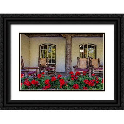 Lounge chairs at Lake McDonald Lodge in Glacier National Park-Montana-USA Black Ornate Wood Framed Art Print with Double Matting by Haney, Chuck