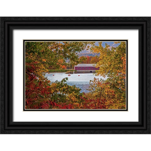 USA-New Hampshire-Gorham-Fall colored trees framing Androscoggin River near damn site Black Ornate Wood Framed Art Print with Double Matting by Gulin, Sylvia