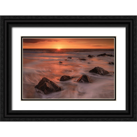 USA-New Jersey-Cape May National Seashore-Sunrise on rocky shore and ocean Black Ornate Wood Framed Art Print with Double Matting by Jaynes Gallery