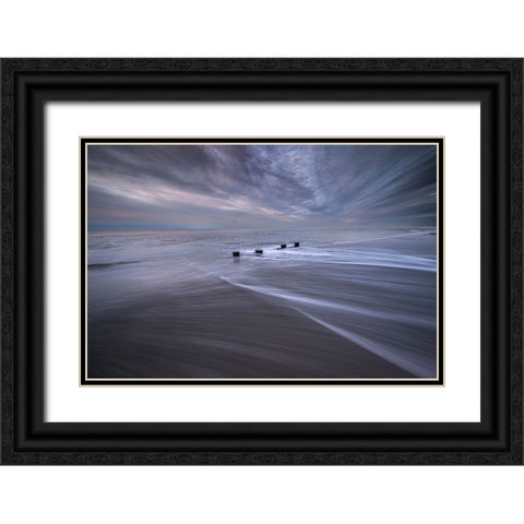 USA-New Jersey-Cape May National Seashore Pier stumps on shore at sunrise Black Ornate Wood Framed Art Print with Double Matting by Jaynes Gallery