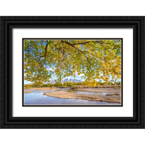 USA- New Mexico- Sandoval County. Sandia Mountains and Rio Grande River in autumn. Black Ornate Wood Framed Art Print with Double Matting by Jaynes Gallery