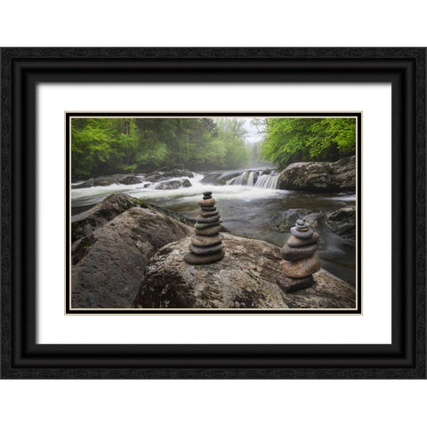 Cascading mountain stream and rock cairns-Great Smoky Mountains National Park Black Ornate Wood Framed Art Print with Double Matting by Jones, Adam