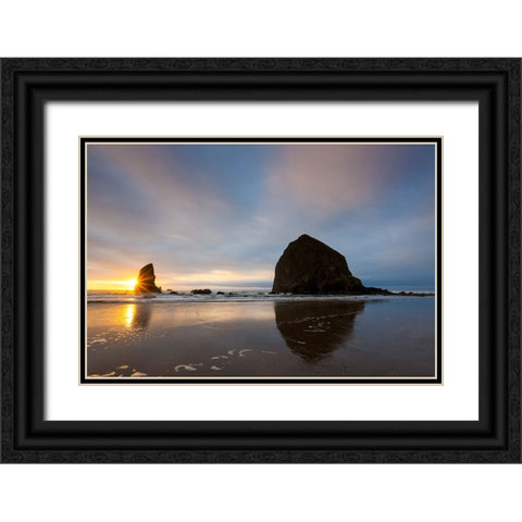 USA- Oregon. Cannon Beach and Haystack Rock at sunset Black Ornate Wood Framed Art Print with Double Matting by Gulin, Darrell