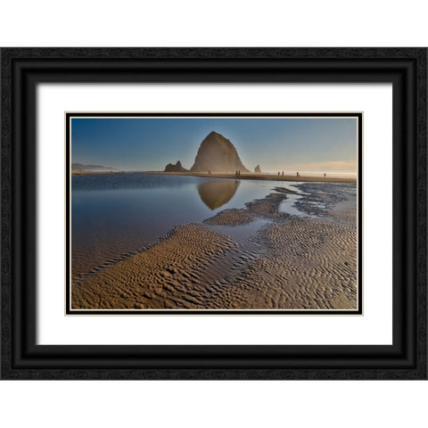 USA- Oregon. Cannon Beach with Haystack near sunset and low tide. Black Ornate Wood Framed Art Print with Double Matting by Gulin, Darrell