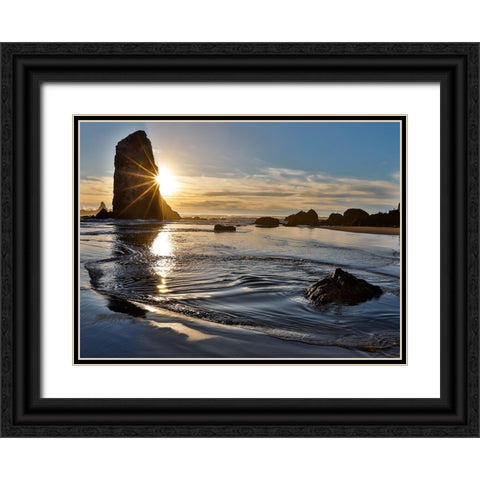 USA- Oregon. Cannon Beach low tide and ripples in the sand and sea stacks at sunset. Black Ornate Wood Framed Art Print with Double Matting by Gulin, Darrell