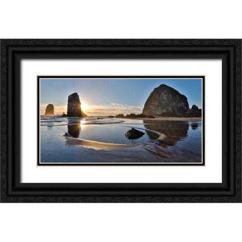 USA- Oregon. Cannon Beach with Haystack near sunset and low tide. Black Ornate Wood Framed Art Print with Double Matting by Gulin, Darrell