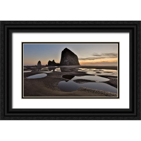 USA- Oregon. Cannon Beach with Haystack near sunset and low tide. Black Ornate Wood Framed Art Print with Double Matting by Gulin, Darrell