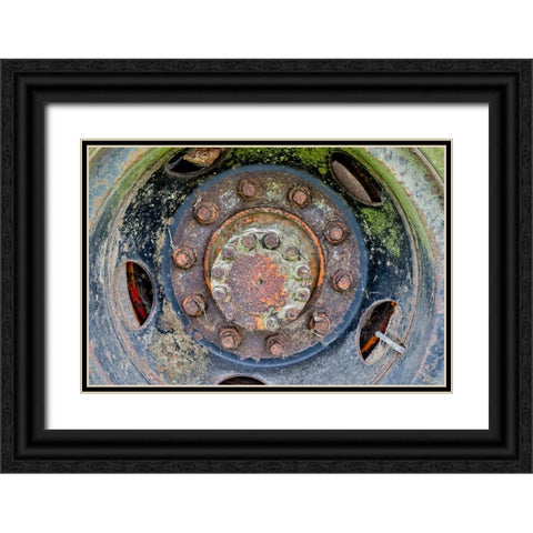 USA- Oregon- Tillamook. Close-up of old and rusted painted truck wheels Black Ornate Wood Framed Art Print with Double Matting by Gulin, Darrell