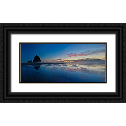 USA- Oregon. Cannon Beach and panorama of Haystack at sunset and low tide. Black Ornate Wood Framed Art Print with Double Matting by Gulin, Darrell