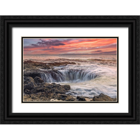 Usa-Oregon-Yachats Thors Well-Waves Crashing into Thors Well Black Ornate Wood Framed Art Print with Double Matting by Looney, Hollice