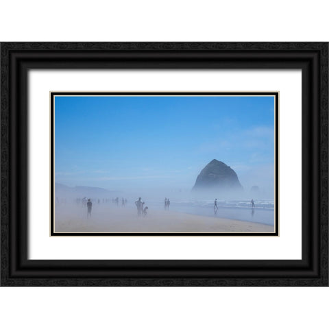 Oregon-Cannon Beach Haystack Rock-beachgoers in fog Black Ornate Wood Framed Art Print with Double Matting by Wild, Jamie and Judy