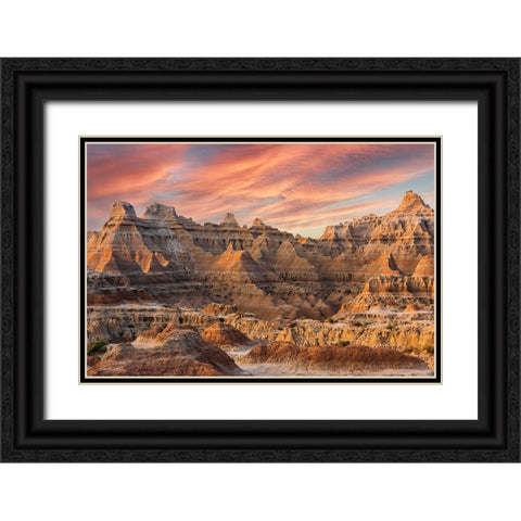 Magnificent set of striated hoodoos set against the backdrop of sunset colors in the sky Black Ornate Wood Framed Art Print with Double Matting by Haddad, Sheila