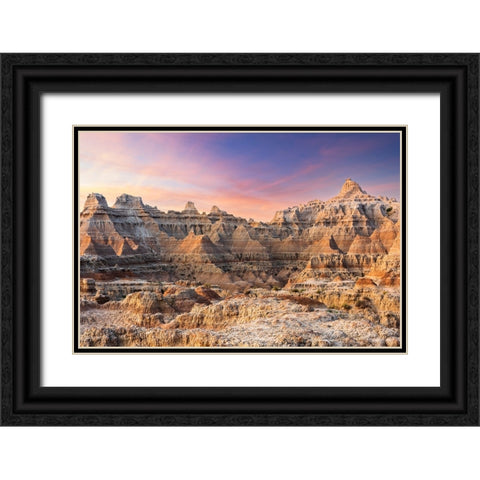 Magnificent set of striated hoodoos set against the backdrop of sunset colors in the sky Black Ornate Wood Framed Art Print with Double Matting by Haddad, Sheila