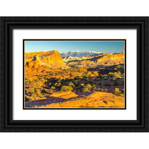 USA- Utah- Capitol Reef National Park. Eroded rock formations and mountains. Black Ornate Wood Framed Art Print with Double Matting by Jaynes Gallery