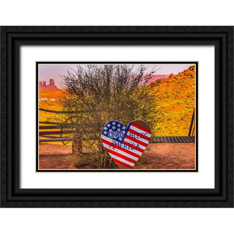 God Bless America sign-Monument Valley-Utah Black Ornate Wood Framed Art Print with Double Matting by Perry, William