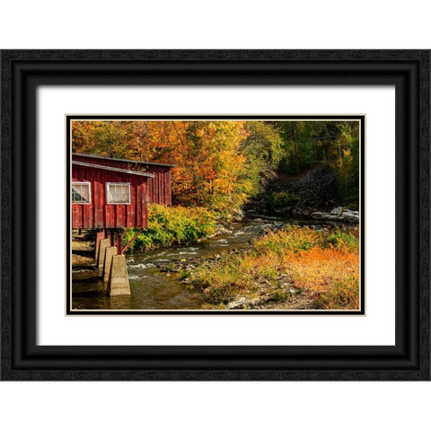 USA-Vermont-Stowe-red mill on Little River as it flows south of Stowe to Winooski River-fall foliage Black Ornate Wood Framed Art Print with Double Matting by Jones, Allison