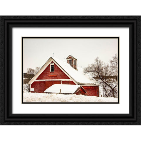 USA-Vermont-Cambridge-Lower Pleasant Valley Road-red barn in snow Black Ornate Wood Framed Art Print with Double Matting by Jones, Alison