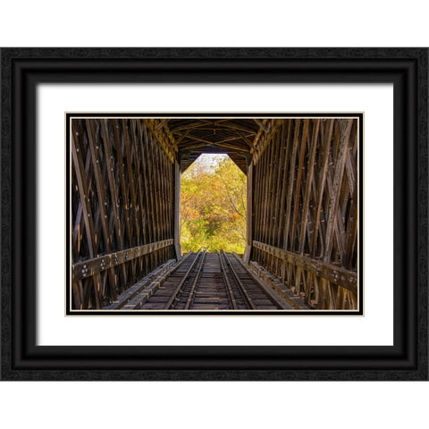 USA-Vermont-Fall foliage seen off Rt 15-Wolcott-Fisher Covered Railroad Bridge (1908) Black Ornate Wood Framed Art Print with Double Matting by Jones, Allison