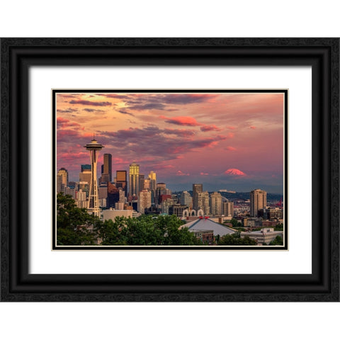Seattle-Washington State skyline and distant Mt Rainier Black Ornate Wood Framed Art Print with Double Matting by Jones, Adam