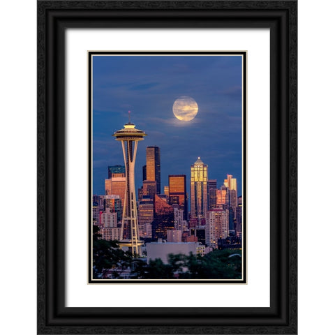 Seattle skyline and super moon at dusk-Seattle-Washington State Black Ornate Wood Framed Art Print with Double Matting by Jones, Adam