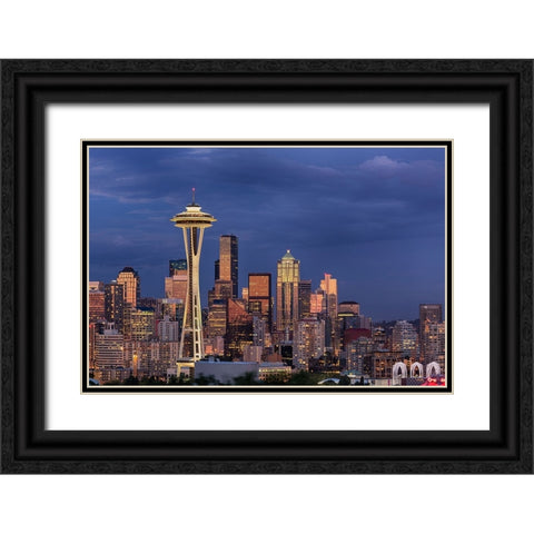 Seattle skyline at dusk-Seattle-Washington State Black Ornate Wood Framed Art Print with Double Matting by Jones, Adam
