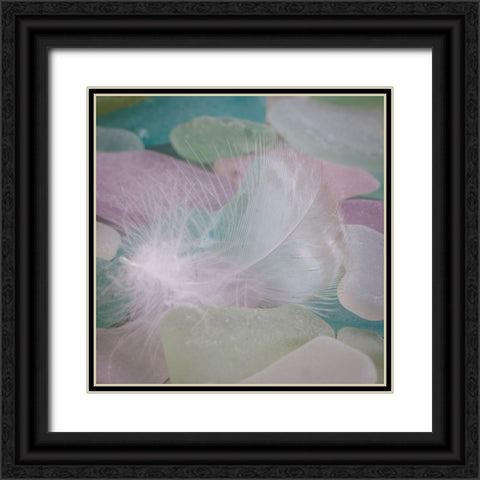 USA- Washington State- Seabeck. Feather and beach glass close-up. Black Ornate Wood Framed Art Print with Double Matting by Jaynes Gallery