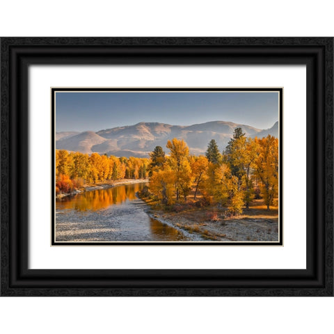 USA- Washington State- Methow Valley and river edged in Fall colored trees. Black Ornate Wood Framed Art Print with Double Matting by Gulin, Darrell