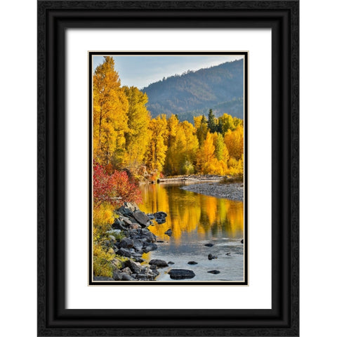 USA- Washington State- Methow Valley and river edged in Fall colored trees. Black Ornate Wood Framed Art Print with Double Matting by Gulin, Darrell