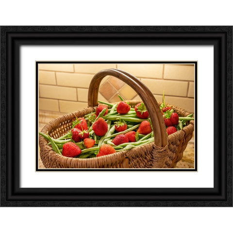 Issaquah- Washington State- USA. Woven basket of freshly harvested green beans and strawberries Black Ornate Wood Framed Art Print with Double Matting by Horton, Janet