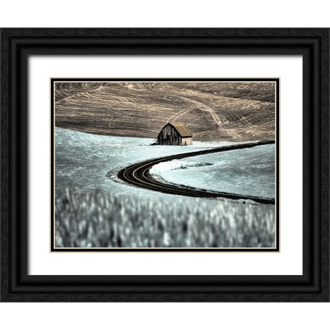 USA-Washington State-Palouse-Road running through the crops with barn along side the road Black Ornate Wood Framed Art Print with Double Matting by Eggers, Terry