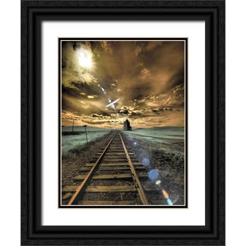 USA-Washington State-Palouse-Backcountry rail Road and Silo through wheat field with clouds Black Ornate Wood Framed Art Print with Double Matting by Eggers, Terry