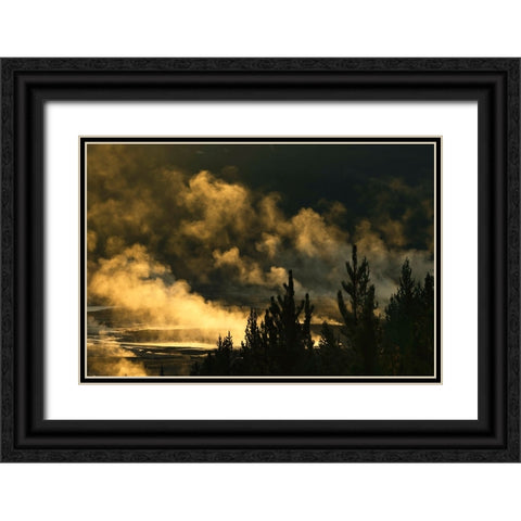 Elevated view of runoff water and bacterial mat-Grand Prismatic spring Black Ornate Wood Framed Art Print with Double Matting by Jones, Adam